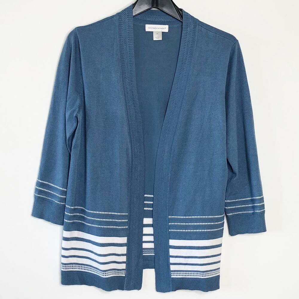 Christopher & Banks Medium Sweater Cardigan Blue Stripe Open Front